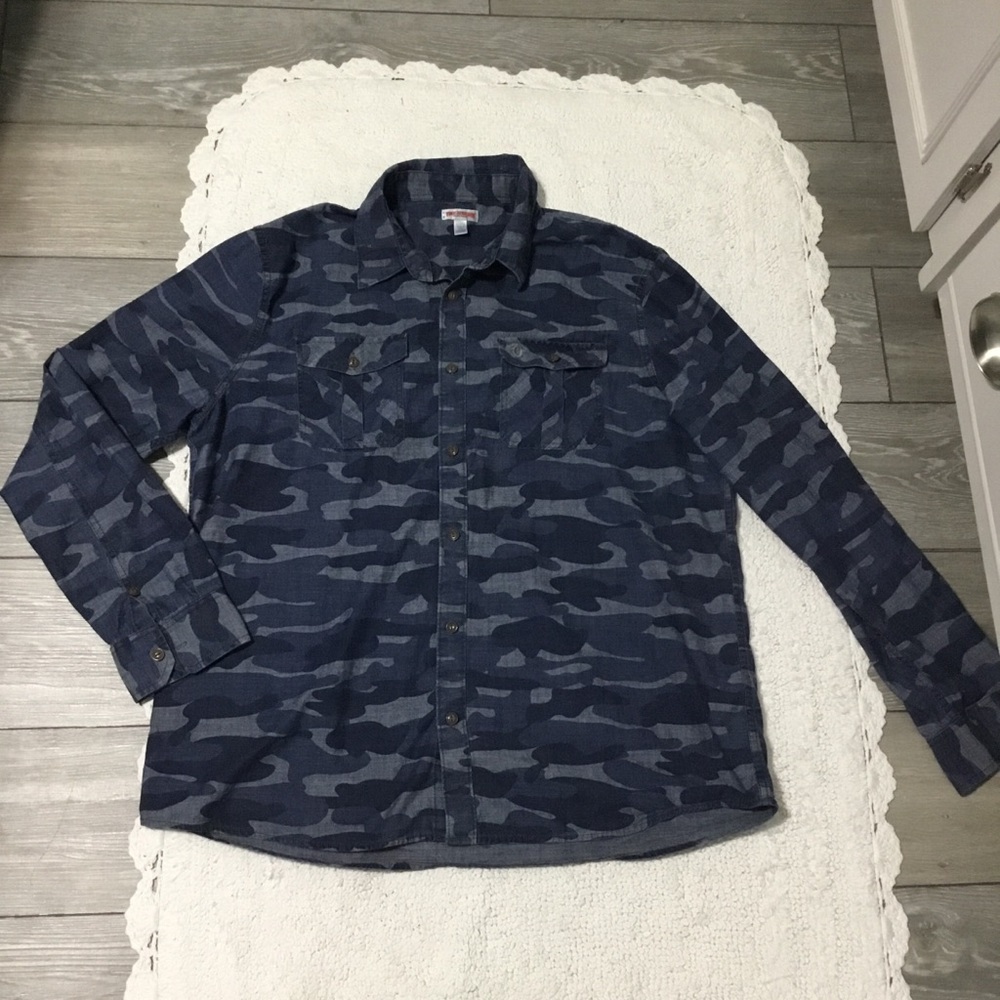 True Religion Brand Jeans Blue Camo Button Down Long Sleeve Shirt size 3XL